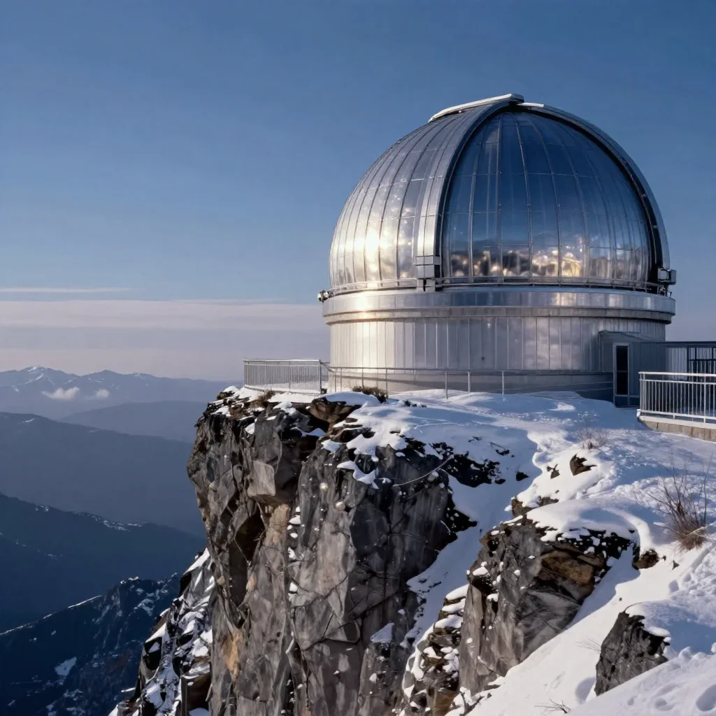 a cliffside observatory in crisp winter sunlight, quiet science-fiction concept art, gentle reflected light, indigo and 