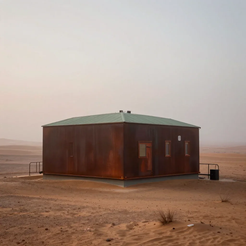 a desert research station under soft dawn fog, refined editorial travel photography, careful geometric composition, rust