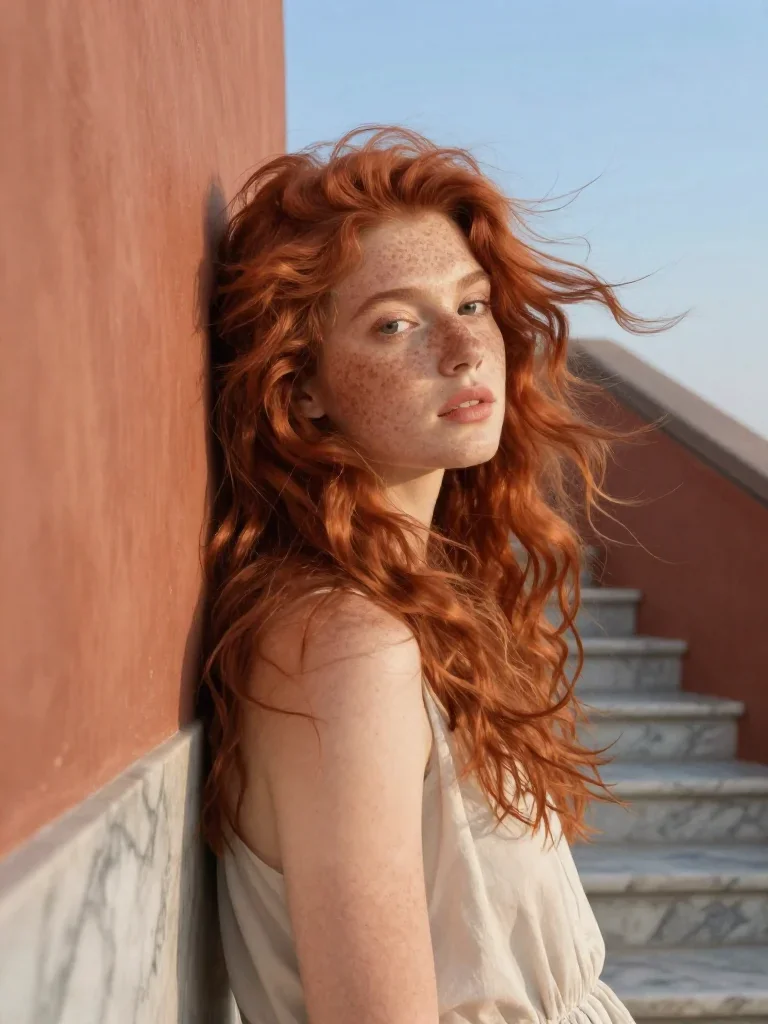 a muse with freckles and wind-tousled copper hair in a wind-swept lean against a wall, on a marble staircase at dawn, Re