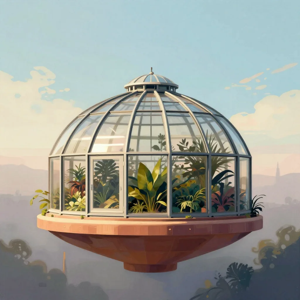 a floating botanical conservatory in quiet late-afternoon haze, modernist poster illustration, restrained color harmony,