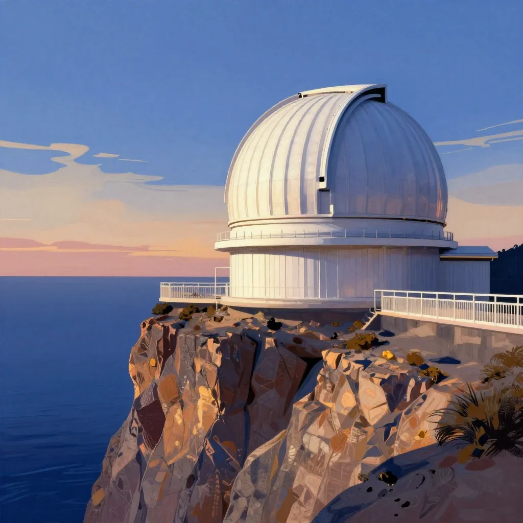 a cliffside observatory during golden hour, modernist poster illustration, restrained color harmony, indigo and pearl pa