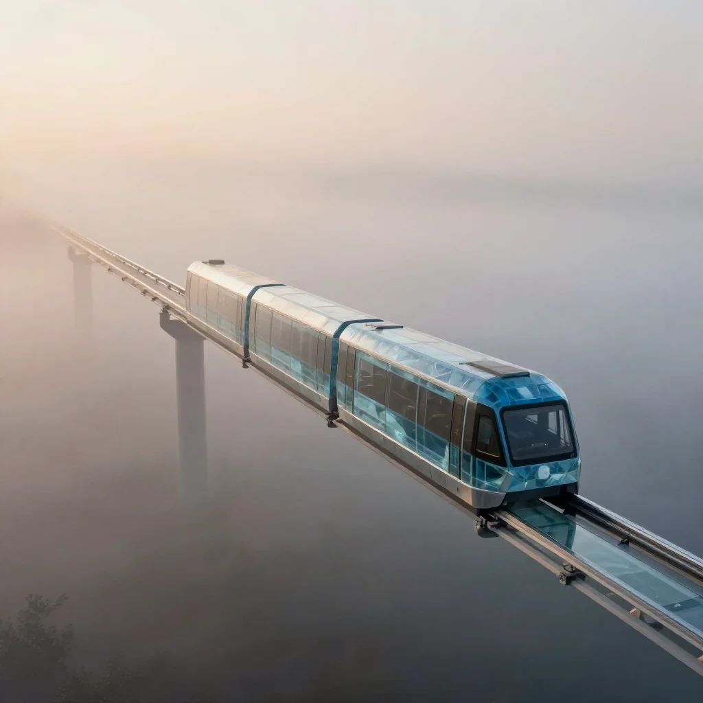 a glass monorail under soft dawn fog, quiet science-fiction concept art, careful geometric composition, ice blue and war