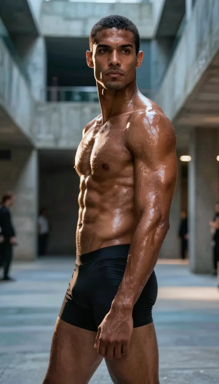 a chiseled athlete in dramatic rim light, oiled skin in a graceful contrapposto pose, in a brutalist concrete atrium, hi
