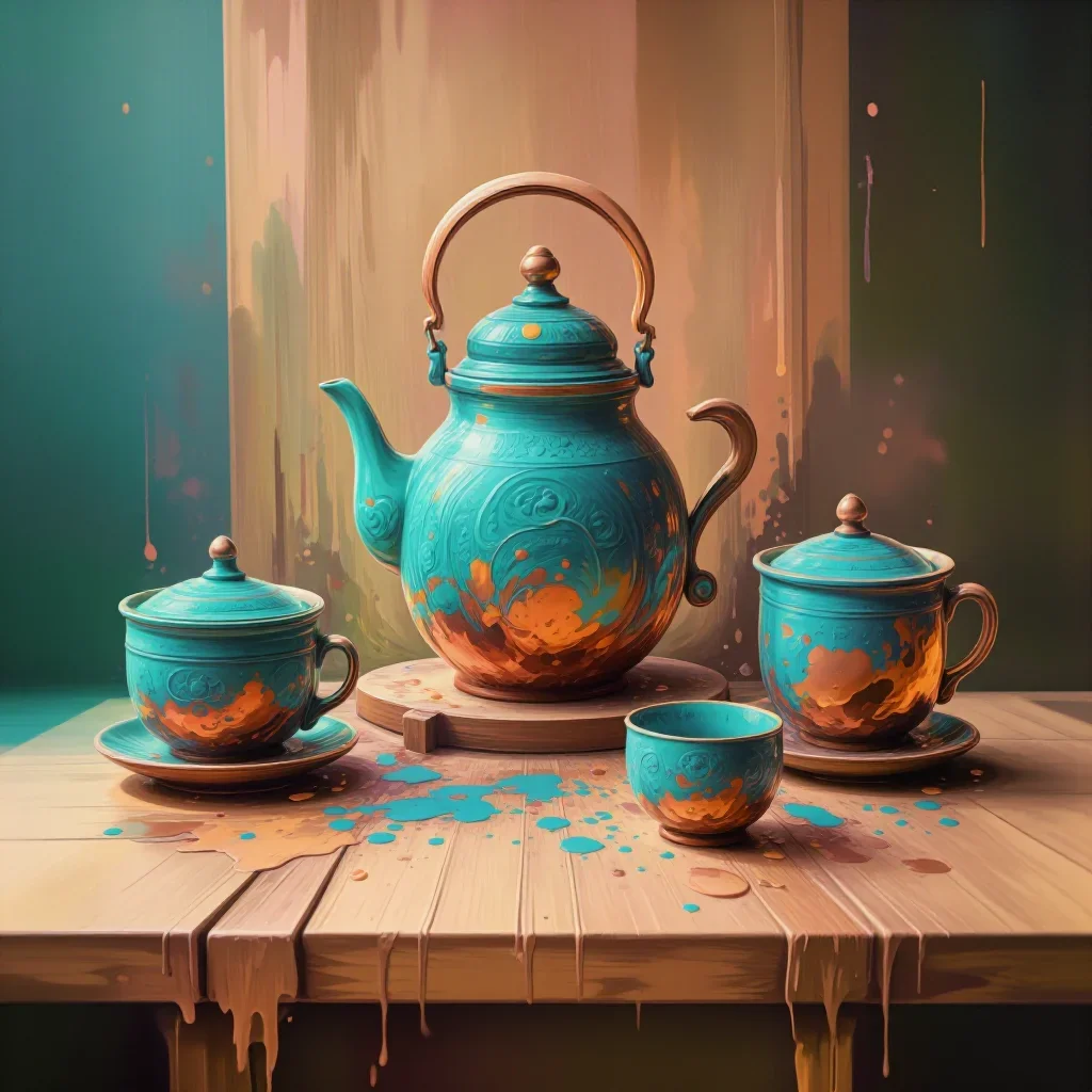 a hand-thrown ceramic tea set under diffused skylight, luminous gouache painting, restrained color harmony, seafoam and 