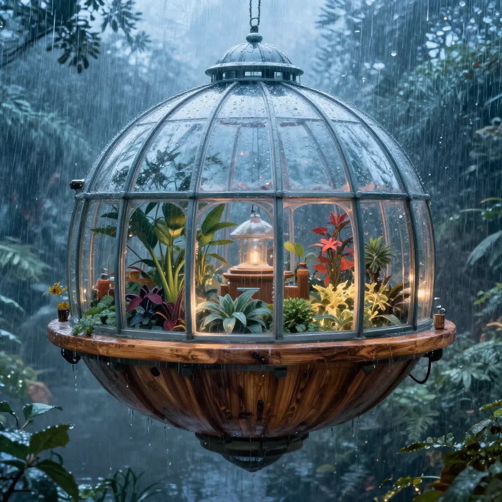a floating botanical conservatory after warm summer rain, quiet science-fiction concept art, atmospheric depth, ice blue