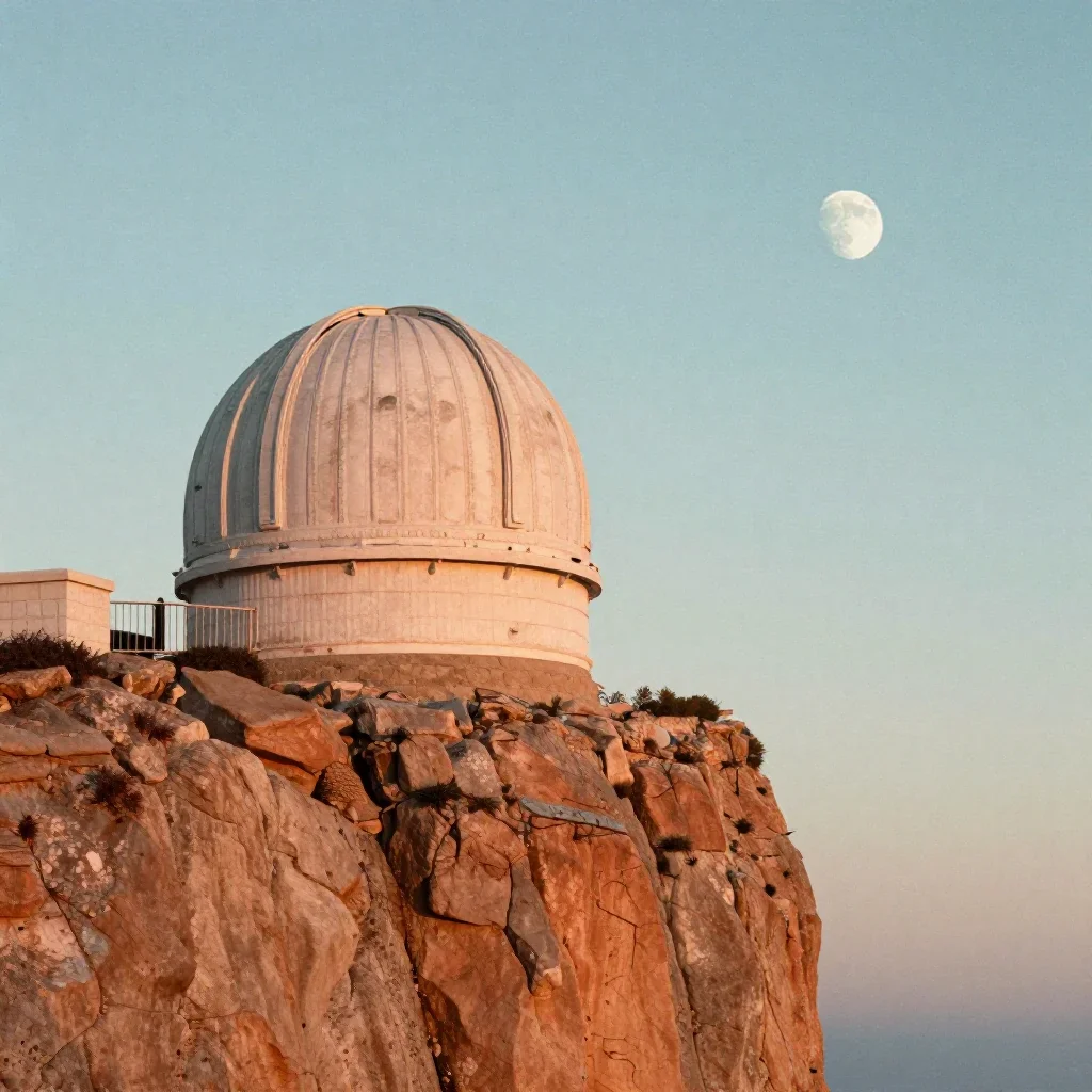 a cliffside observatory at moonrise, soft-grain analog film photography, weathered tactile surfaces, terracotta and pale