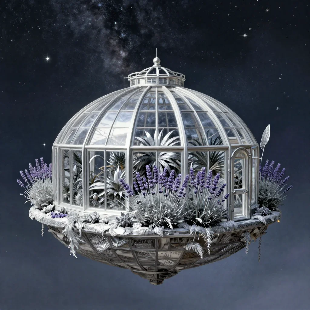 a floating botanical conservatory beneath a star-filled sky, contemporary botanical illustration, clean natural textures