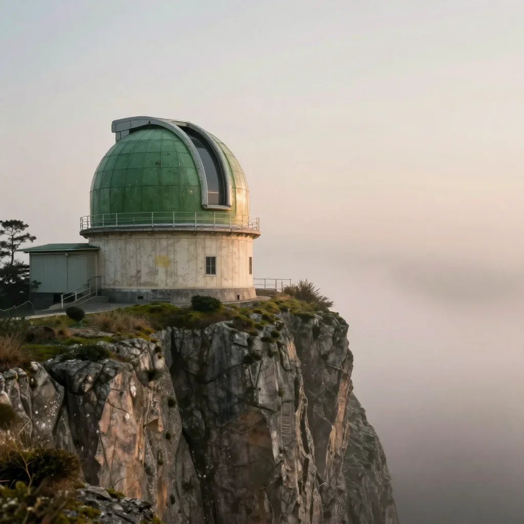 a cliffside observatory under soft dawn fog, quiet science-fiction concept art, weathered tactile surfaces, moss green a