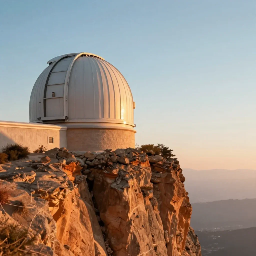 a cliffside observatory during golden hour, high-end design magazine photography, soft volumetric light, terracotta and 