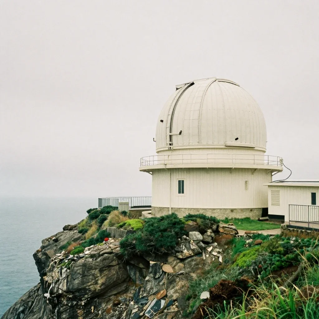 a cliffside observatory under overcast coastal light, soft-grain analog film photography, subtle film grain, moss green 