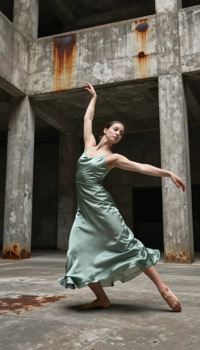 a dancer mid-spin in a silk maxi dress in a confident cinematic stride, in a brutalist concrete atrium, bold Helmut Newt