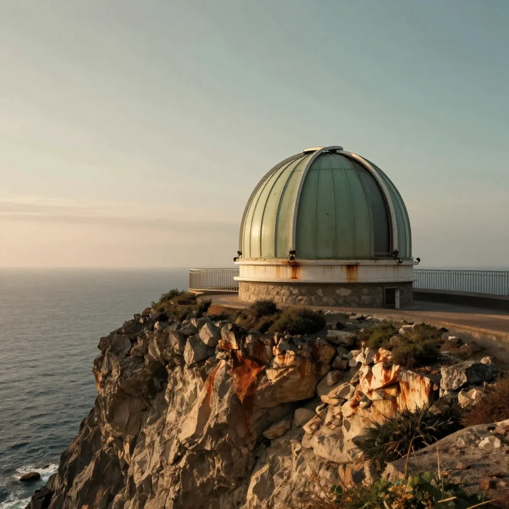 a cliffside observatory in a gentle sea breeze, dreamlike fine-art landscape photography, atmospheric depth, rust and sa