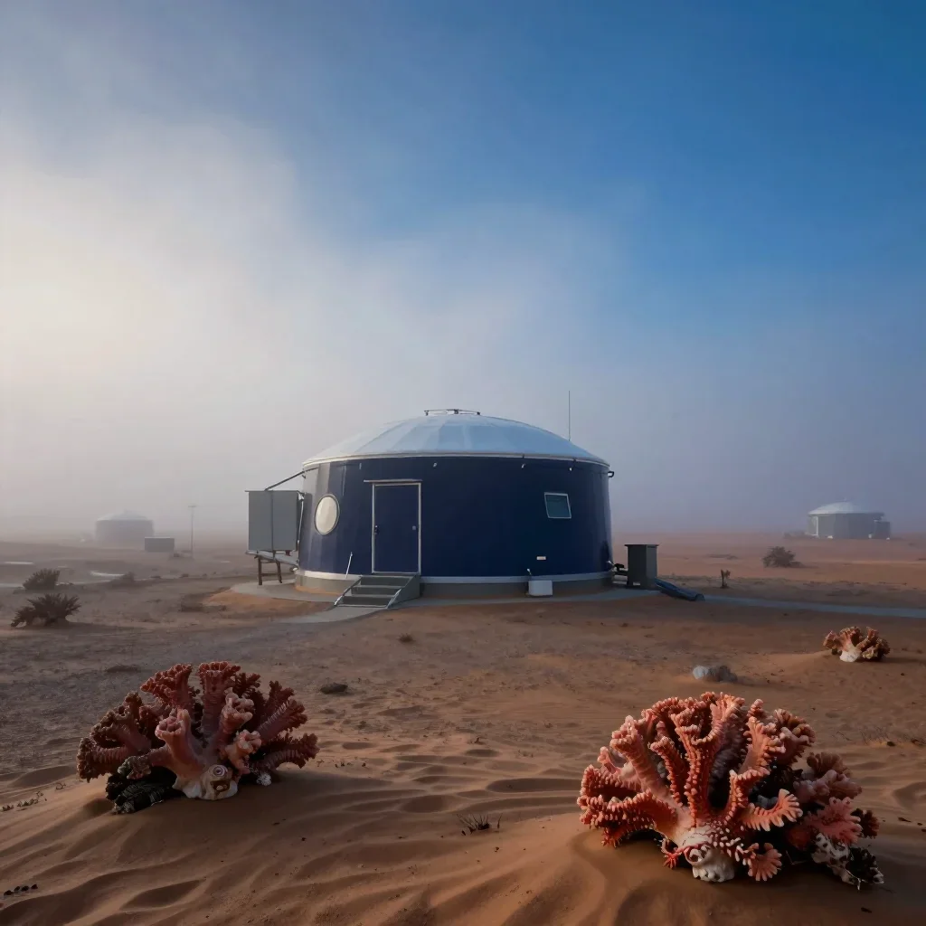 a desert research station under soft dawn fog, refined editorial travel photography, clean natural textures, coral and m