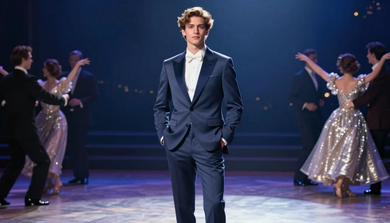 an androgynous model in a sharply tailored suit standing tall with hands in pockets, on a midnight dance floor, Renaissa