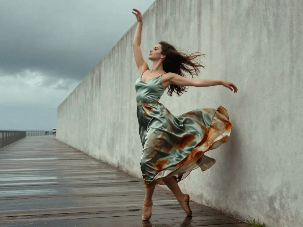 a dancer mid-spin in a silk maxi dress in a wind-swept lean against a wall, on a storm-washed boardwalk, soft-grain anal