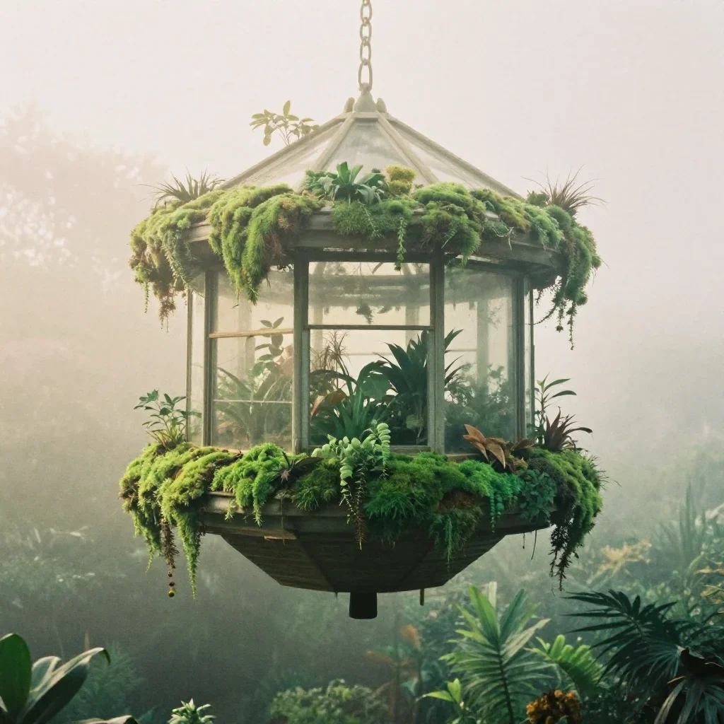 a floating botanical conservatory under soft dawn fog, soft-grain analog film photography, soft volumetric light, moss g
