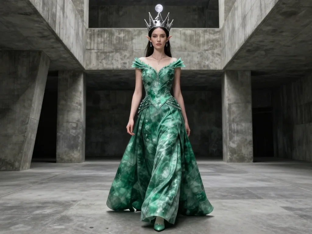 an elven queen in a moonlit silver crown in a confident cinematic stride, in a brutalist concrete atrium, Vogue-style st
