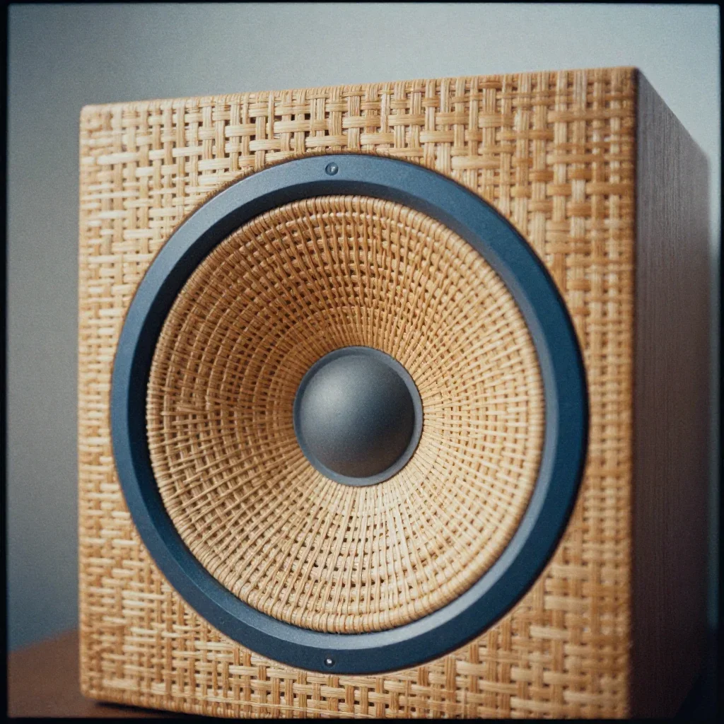 a woven fiber acoustic speaker under diffused skylight, soft-grain analog film photography, restrained color harmony, oc