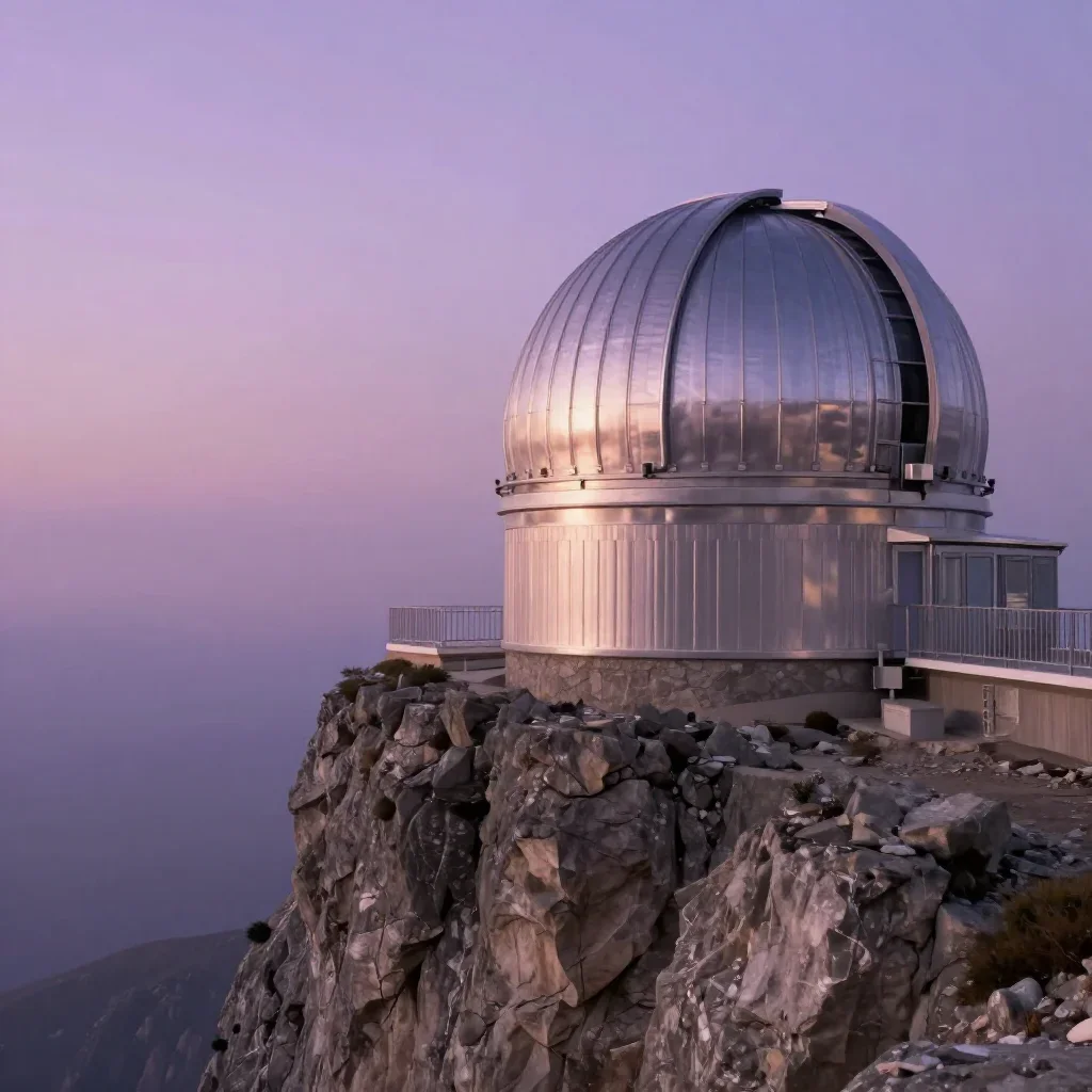 a cliffside observatory in quiet late-afternoon haze, cinematic architectural photography, soft volumetric light, lavend