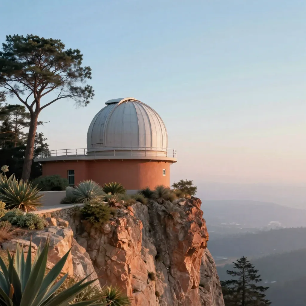 a cliffside observatory in quiet late-afternoon haze, contemporary botanical illustration, soft volumetric light, terrac