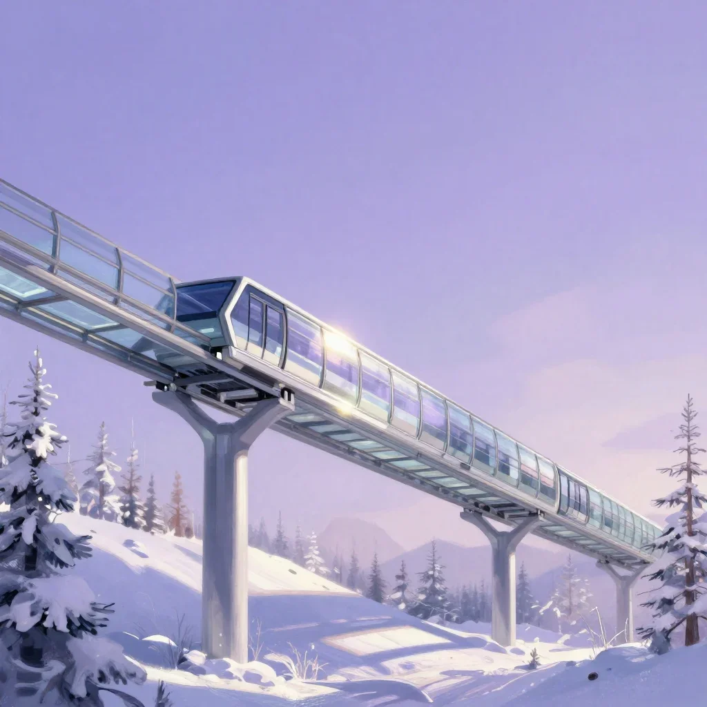 a glass monorail in crisp winter sunlight, modernist poster illustration, soft volumetric light, lavender and silver pal