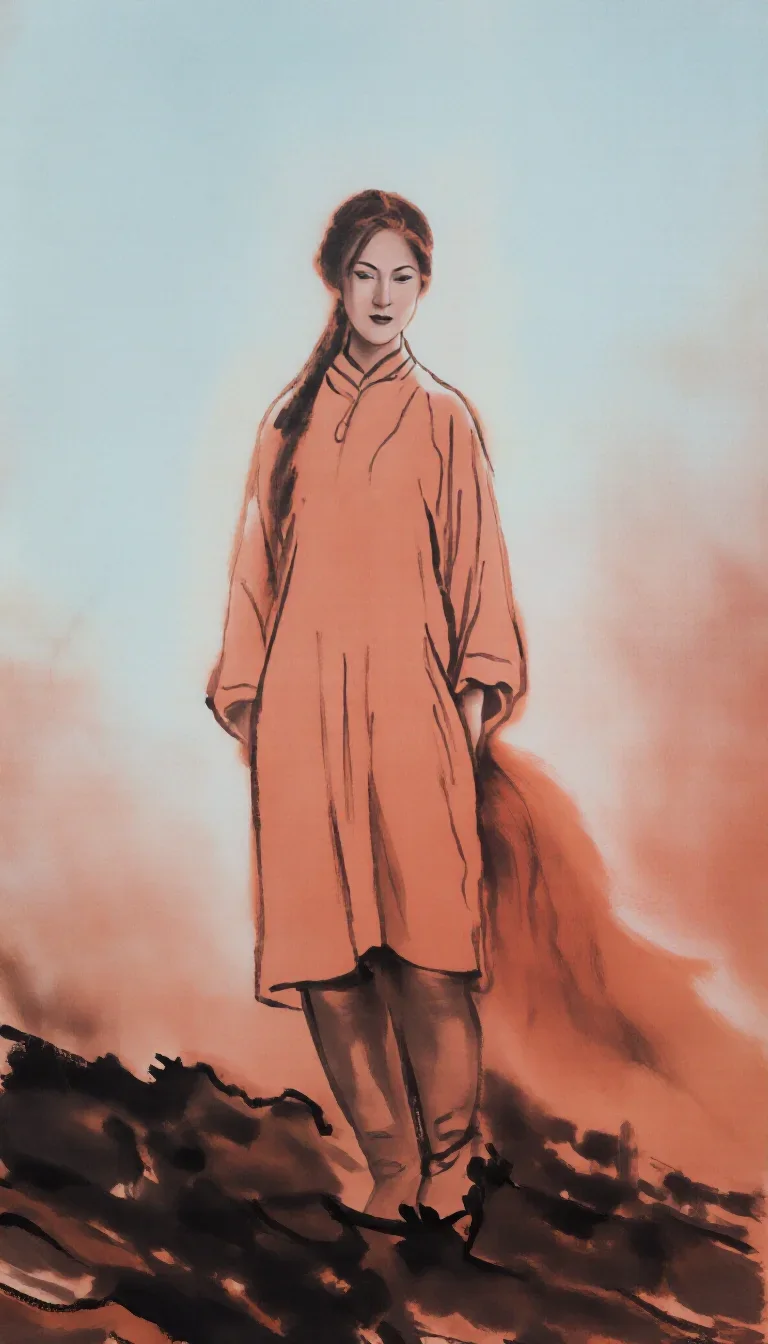 a spectral fox-spirit woman in an ink wash standing tall with hands in pockets, in a greenhouse humid with mist, soft-gr