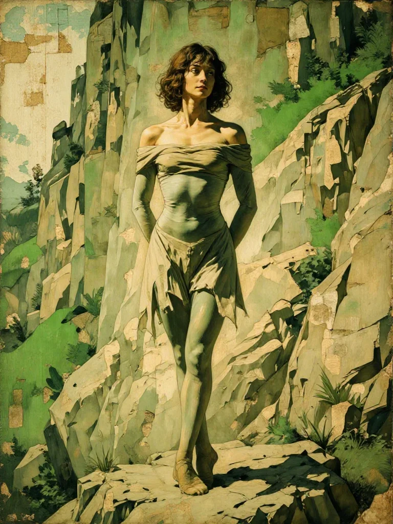 a ballet dancer in a bare-shoulder leotard, mid-extension standing tall with hands in pockets, on a sun-drenched cliffsi
