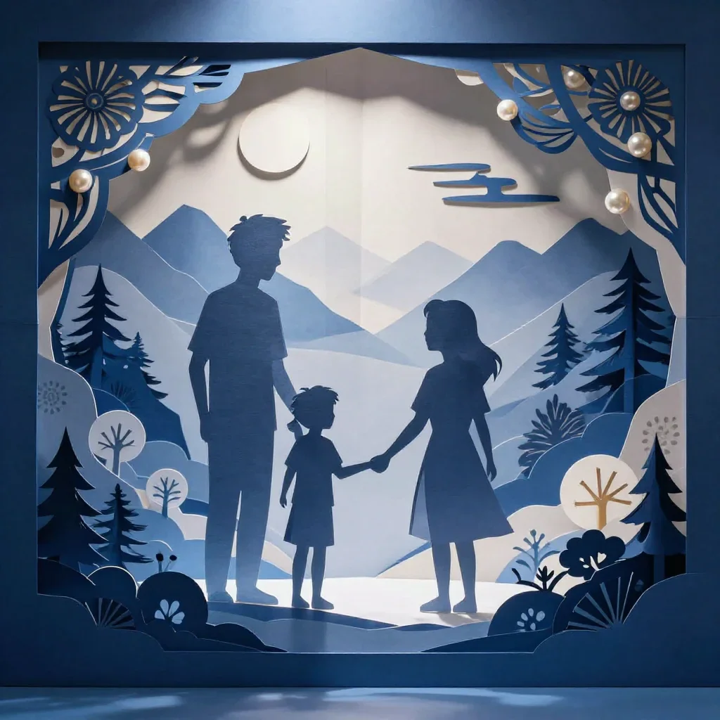 a folded paper kinetic sculpture in cool museum light, intricate paper-cut illustration, layered foreground framing, ind