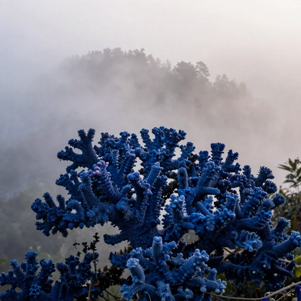 a cloud forest canopy under soft dawn fog, macro natural-history photography, crisp material detail, coral and midnight 