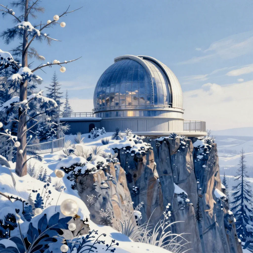 a cliffside observatory in crisp winter sunlight, contemporary botanical illustration, gentle reflected light, indigo an