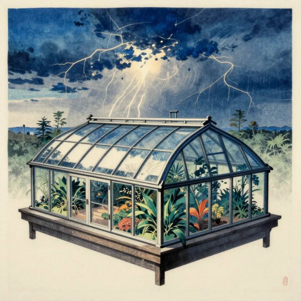 a floating botanical conservatory after a distant thunderstorm, Japanese woodblock-inspired editorial art, clean natural