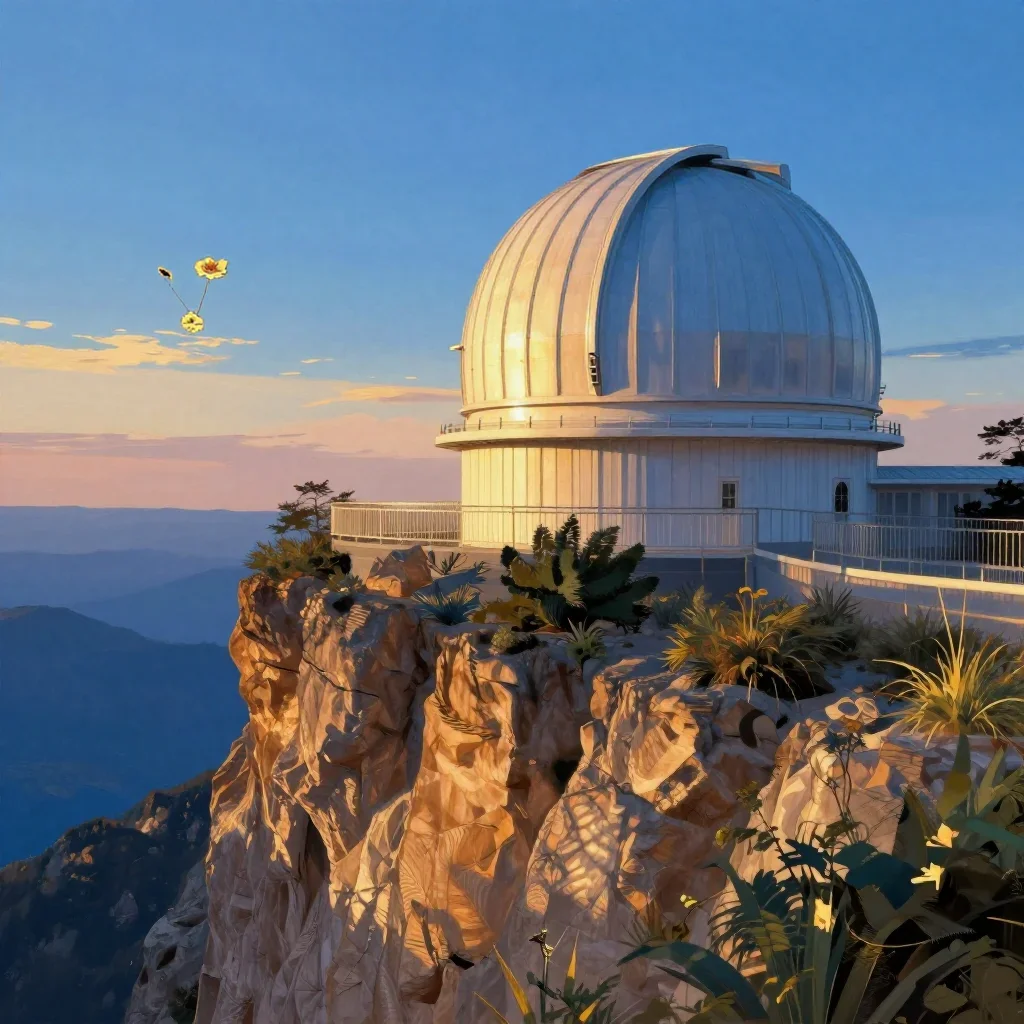 a cliffside observatory during golden hour, contemporary botanical illustration, soft volumetric light, cobalt and amber