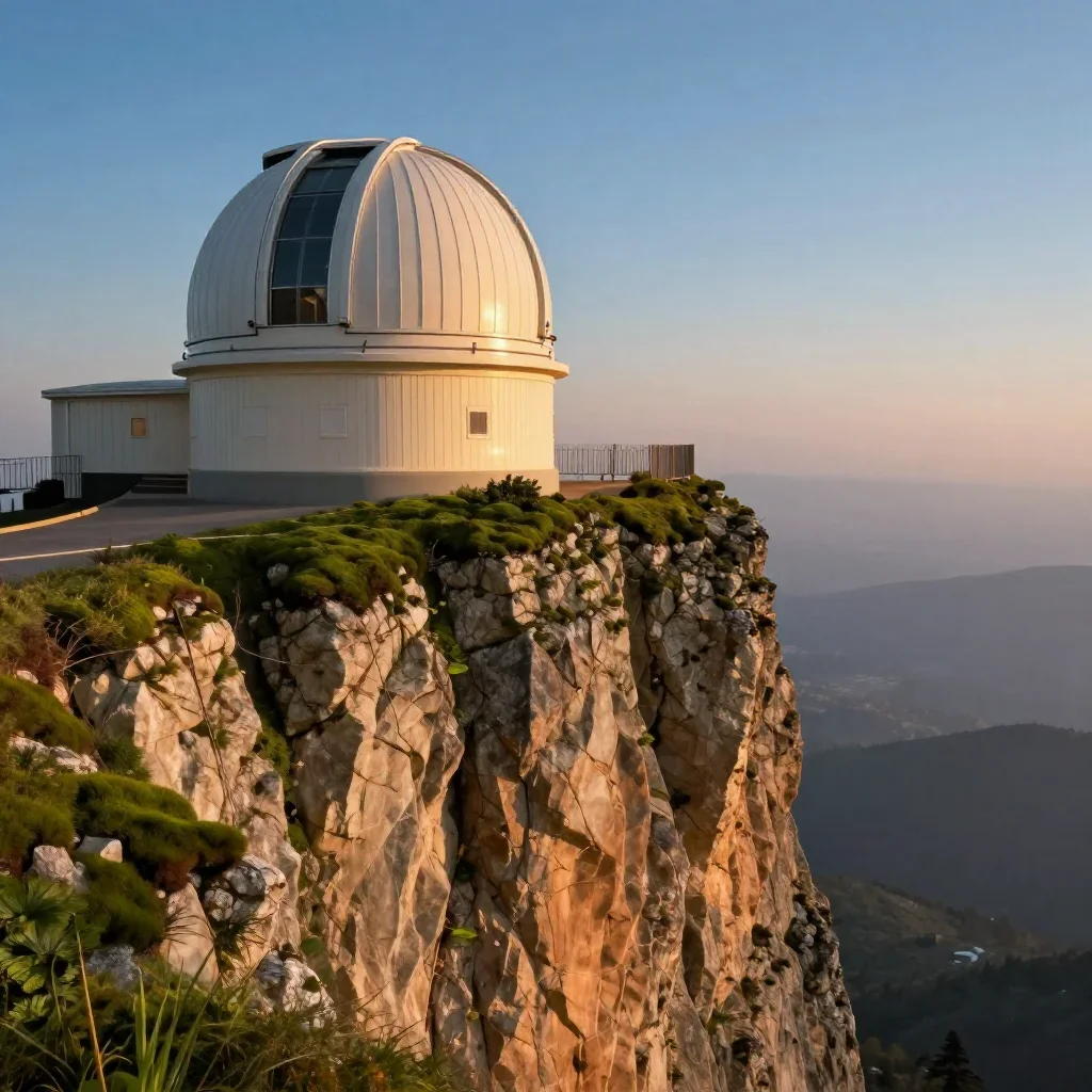 a cliffside observatory at blue hour, dreamlike fine-art landscape photography, gentle reflected light, moss green and c