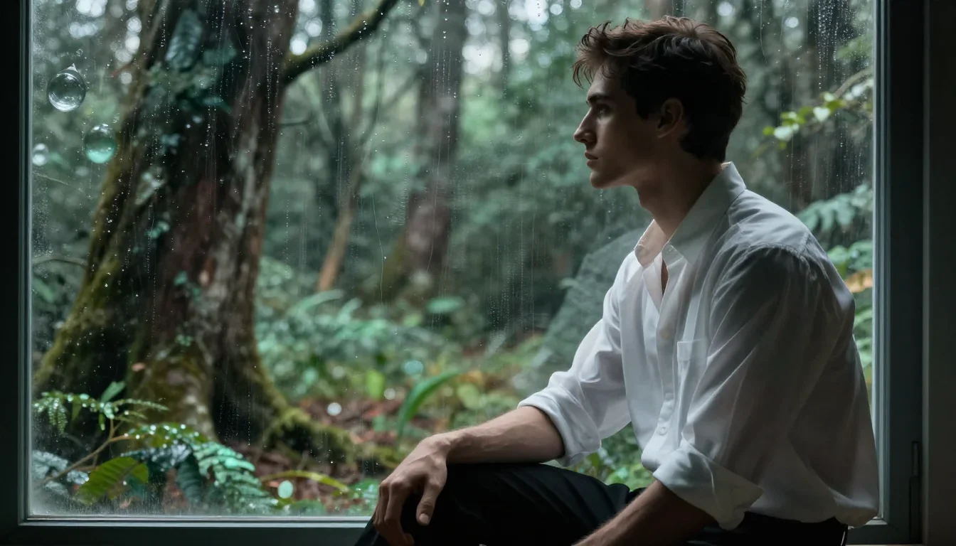 a handsome man in a rolled-sleeve white shirt in a seated silhouette against a window, in a dewy forest clearing, futuri