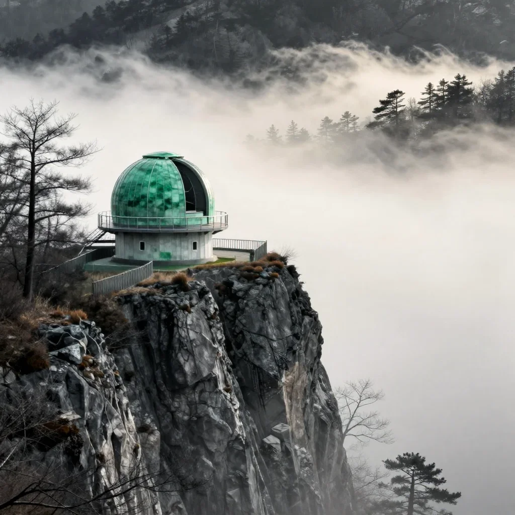 a cliffside observatory in early spring mist, Japanese woodblock-inspired editorial art, clean natural textures, jade an