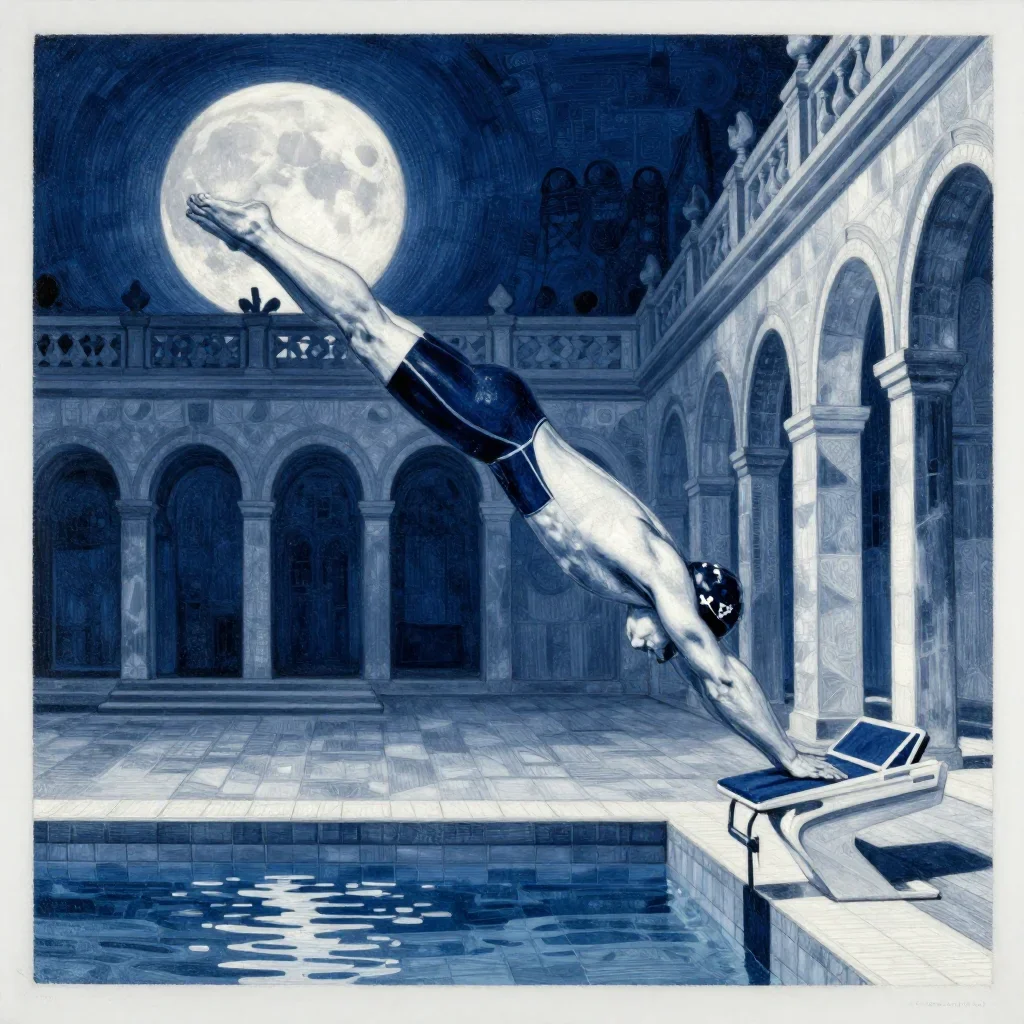 a swimmer before the plunge in a racing suit in a dramatic three-quarter profile, in a moonlit palace courtyard, Renaiss