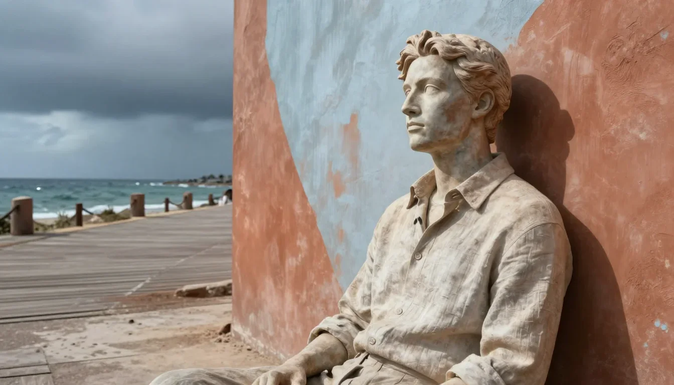 a sculptor at rest in a linen shirt, dust-hazed in a wind-swept lean against a wall, on a storm-washed boardwalk, high-f
