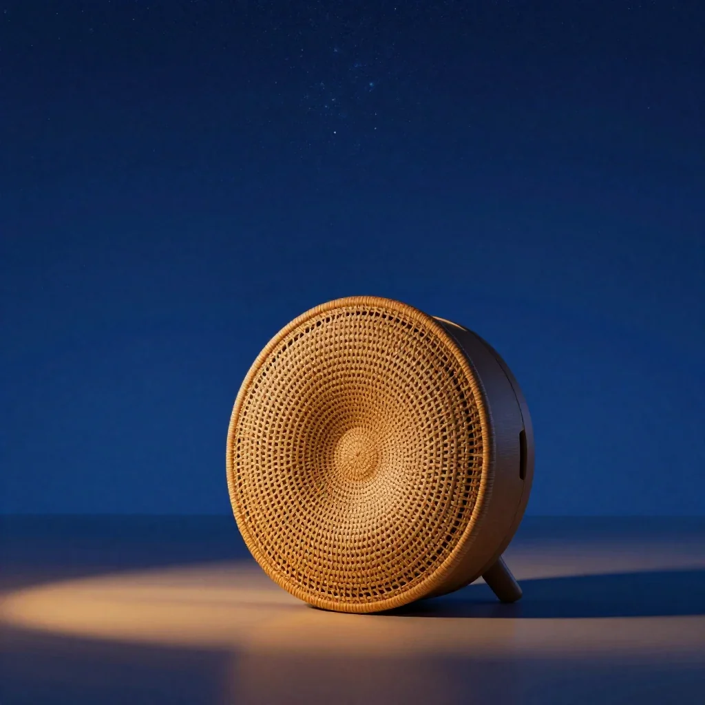 a woven fiber acoustic speaker beneath a star-filled sky, minimal geometric 3D art, calm negative space, cobalt and amber palette, family-safe, no text, no logo, no watermark