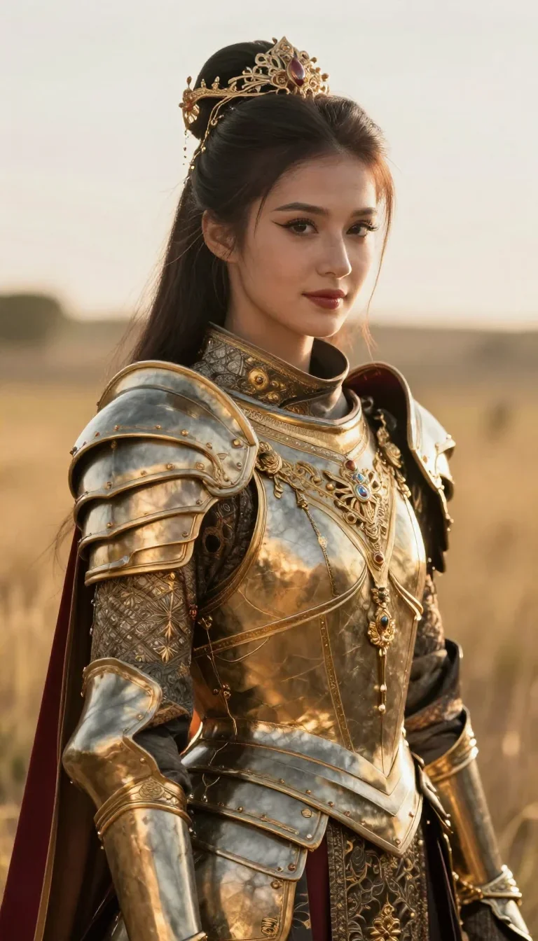 a warrior queen in ornate gilded armor in a coy glance from under lowered lashes, in a backlit golden-hour field, cinema