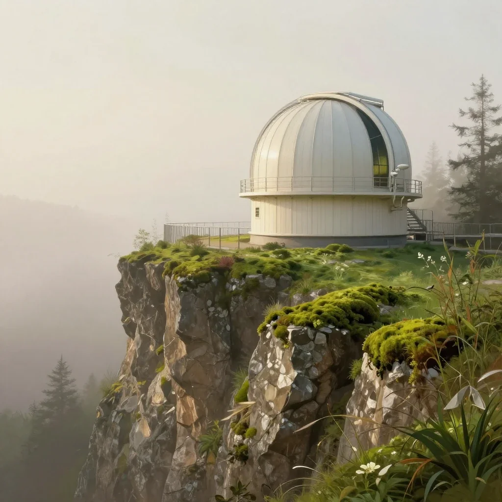 a cliffside observatory in early spring mist, contemporary botanical illustration, gentle reflected light, moss green an