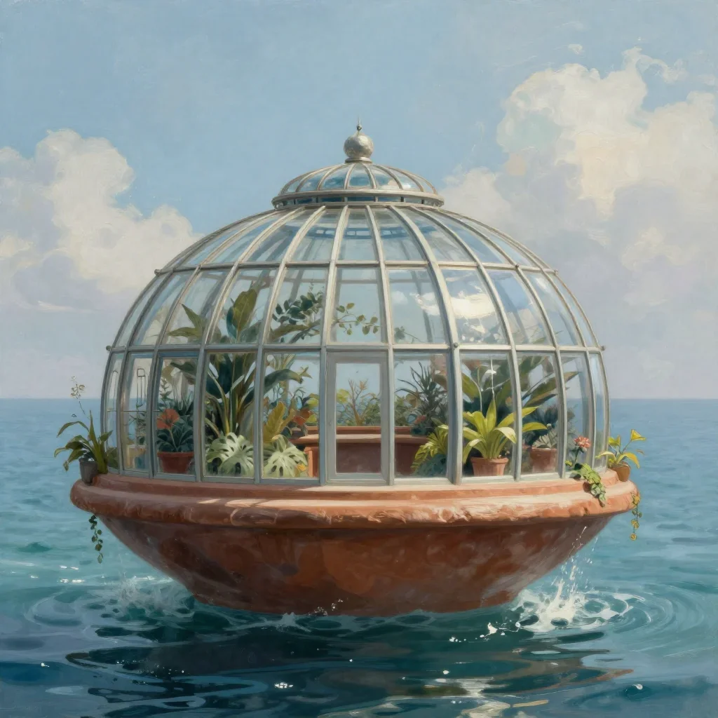 a floating botanical conservatory in a gentle sea breeze, quiet science-fiction concept art, atmospheric depth, terracot