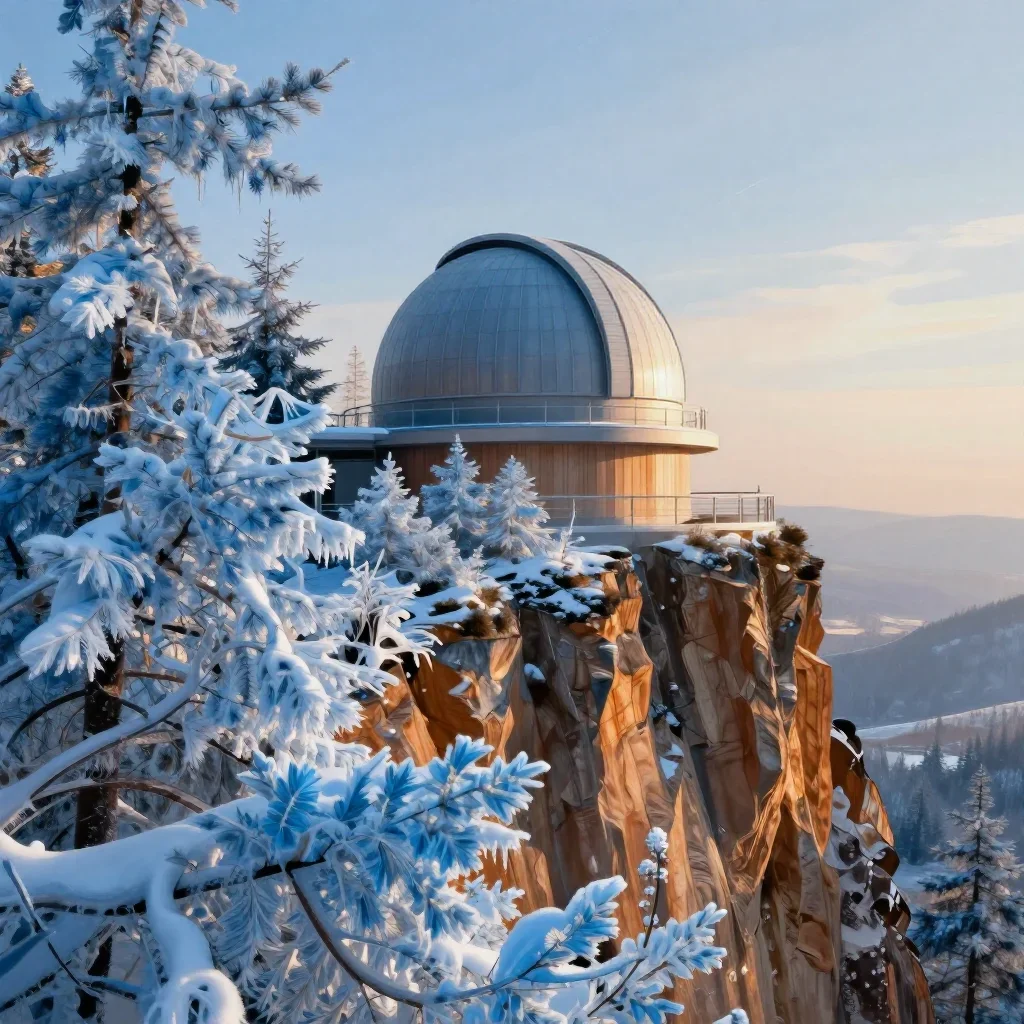 a cliffside observatory in crisp winter sunlight, contemporary botanical illustration, atmospheric depth, ice blue and w