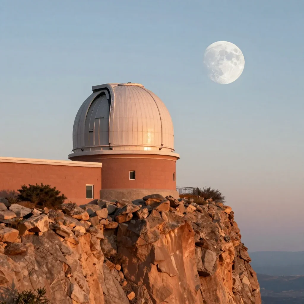 a cliffside observatory at moonrise, cinematic architectural photography, soft volumetric light, terracotta and pale sky