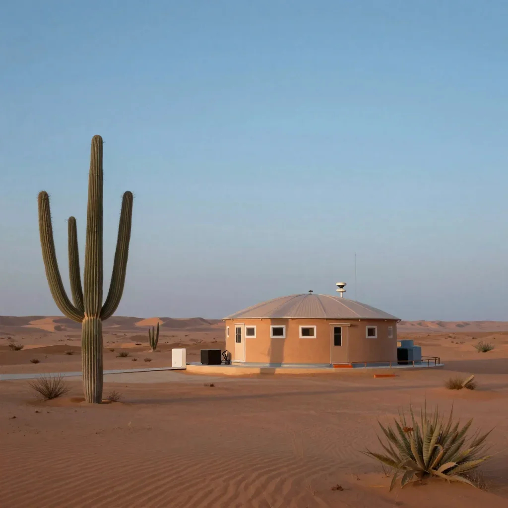 a desert research station at blue hour, contemporary botanical illustration, calm negative space, terracotta and pale sk