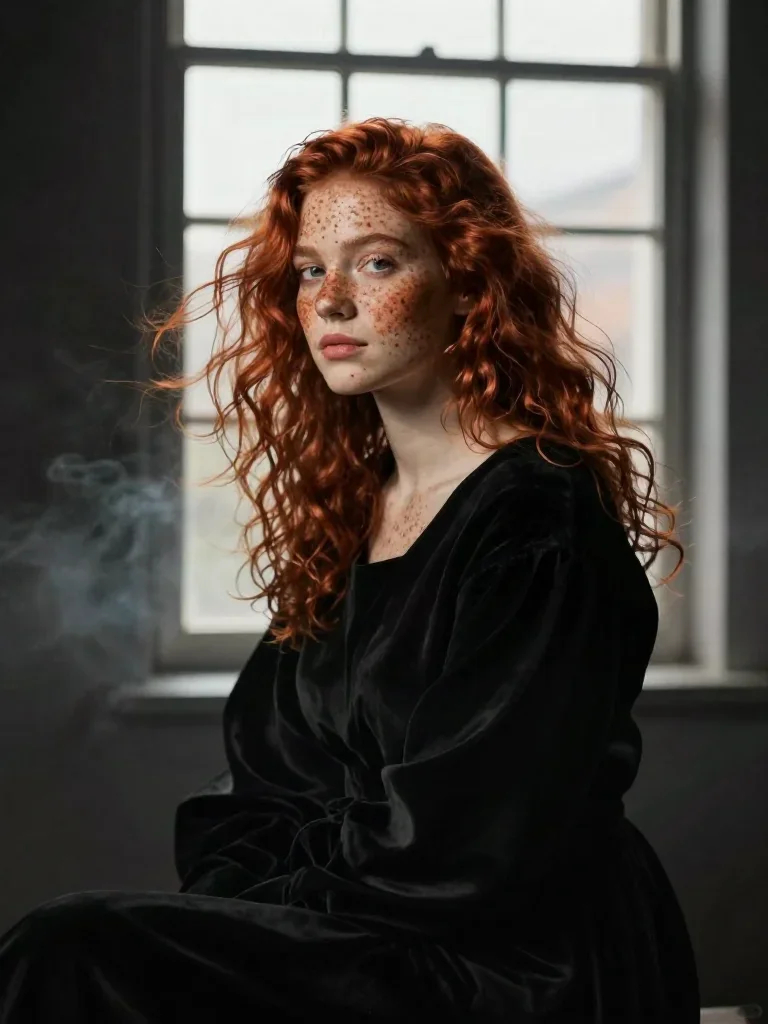 a muse with freckles and wind-tousled copper hair in a seated silhouette against a window, in a smoke-lit photo studio, 