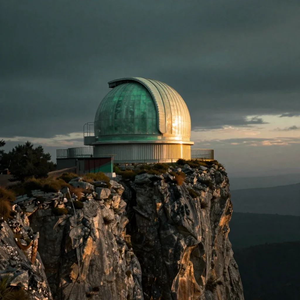 a cliffside observatory during golden hour, dreamlike fine-art landscape photography, gentle reflected light, jade and c