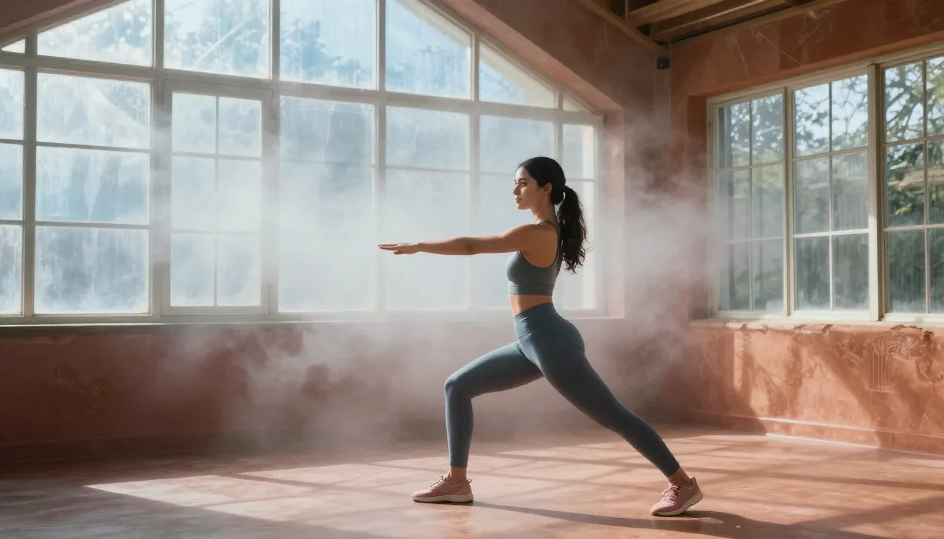 a fitness creator stretching in a sunlit loft in an alluring over-the-shoulder glance, in a greenhouse humid with mist,