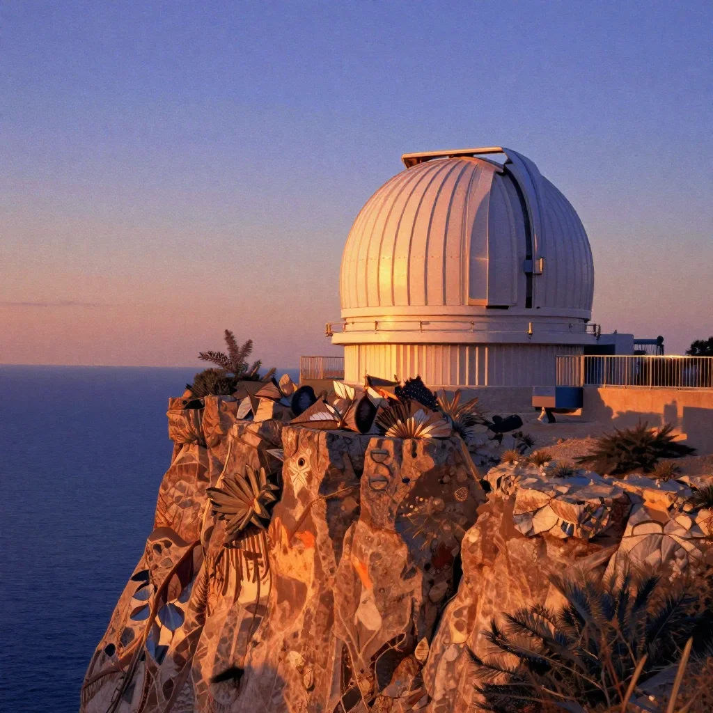 a cliffside observatory during golden hour, contemporary botanical illustration, subtle film grain, ochre and ultramarin