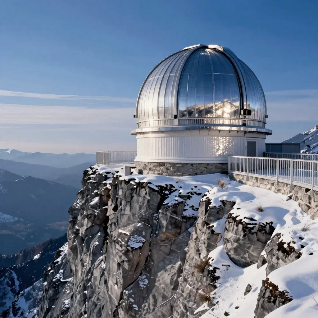 a cliffside observatory in crisp winter sunlight, high-end design magazine photography, gentle reflected light, indigo a