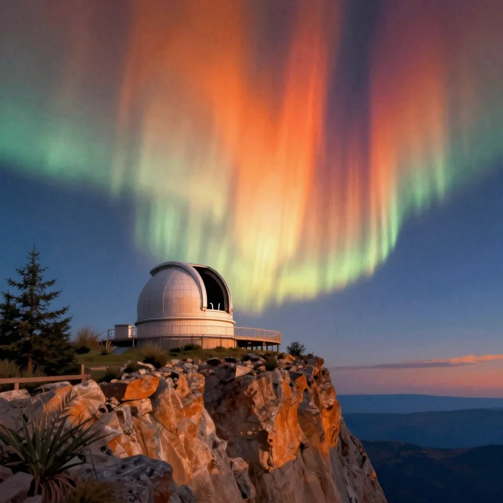 a cliffside observatory beneath an aurora, contemporary botanical illustration, subtle film grain, ochre and ultramarine